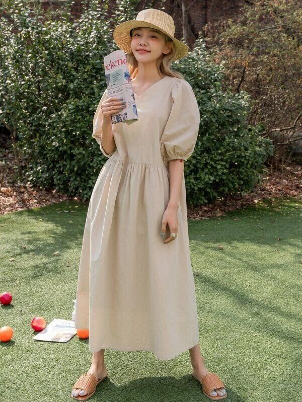 DAZY ソリッド パフスリーブ スモックドレス