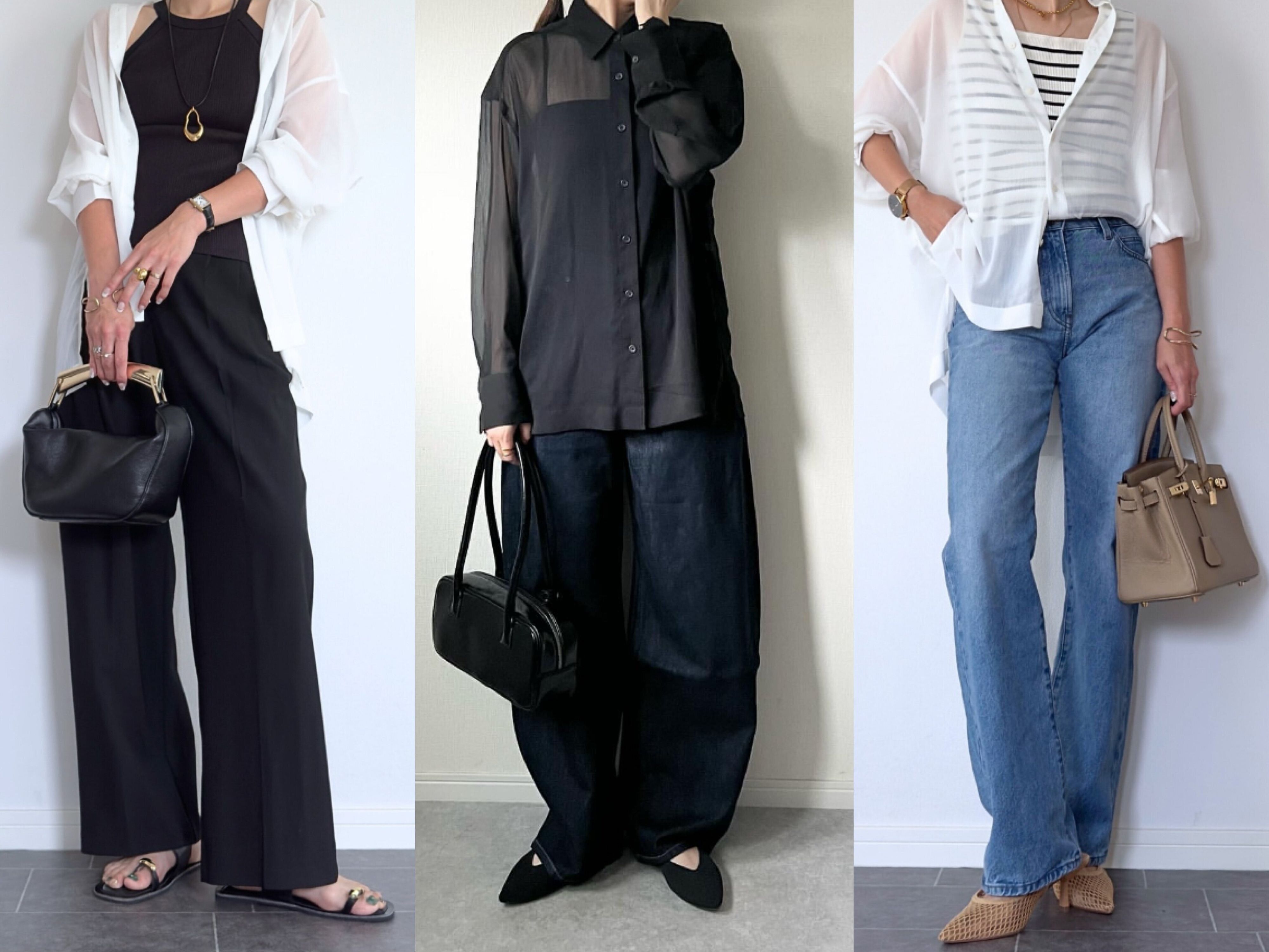 ユニクロ　シアーシャツ　コーディネート　晩夏