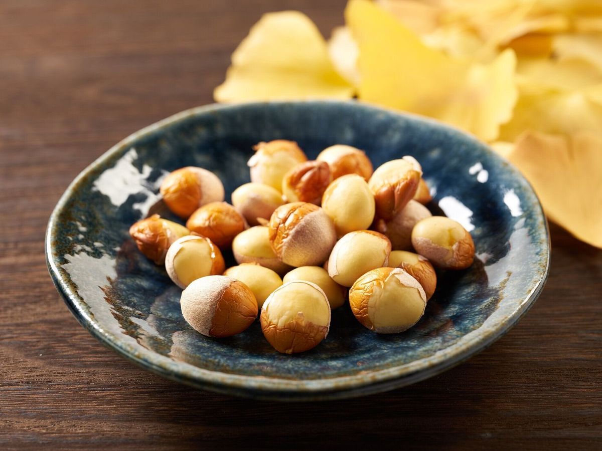 木の背景にイチョウの実の画像