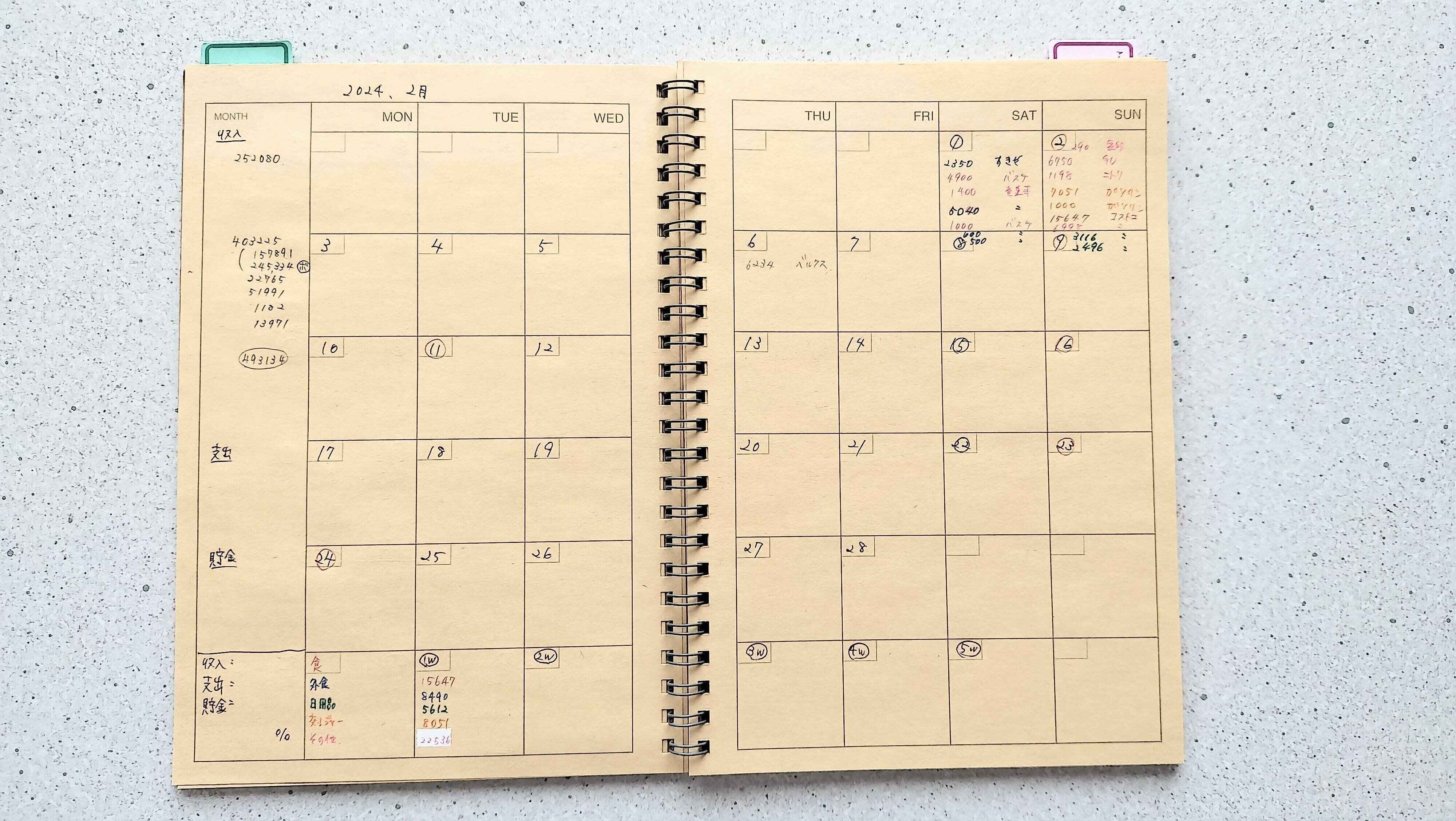 日にちを記入して家計簿にする