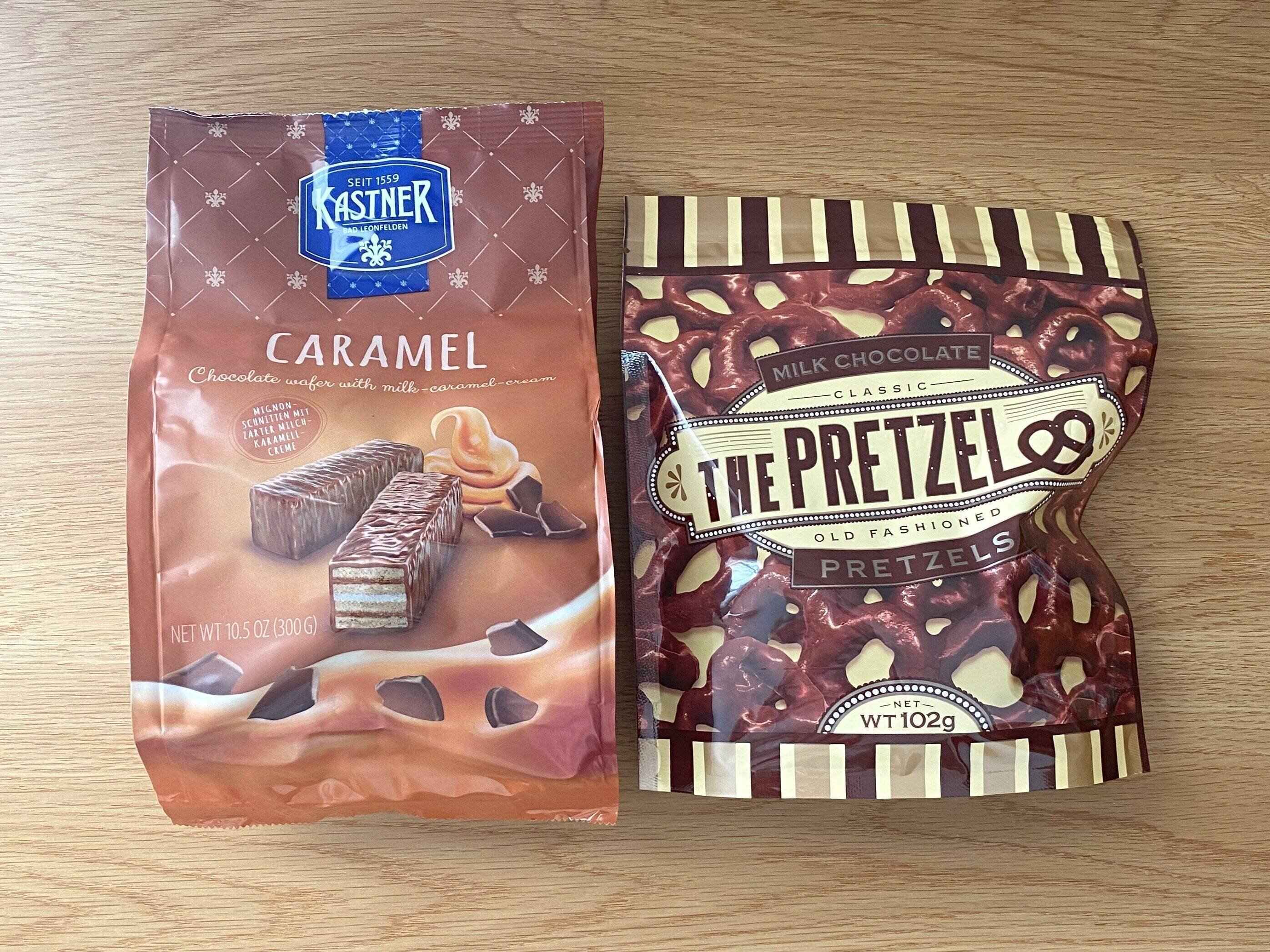 カストナー「チョコレートウエハースキャラメル」　ザ・プレッチェル「ミルクチョコレートプレッチェル」