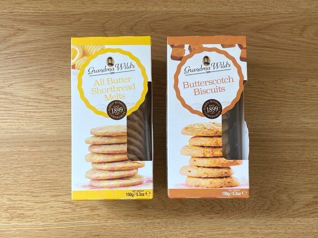 グランマワイルズバタースコッチビスケットとグランマワイルズショートブレッドメルツのパッケージ