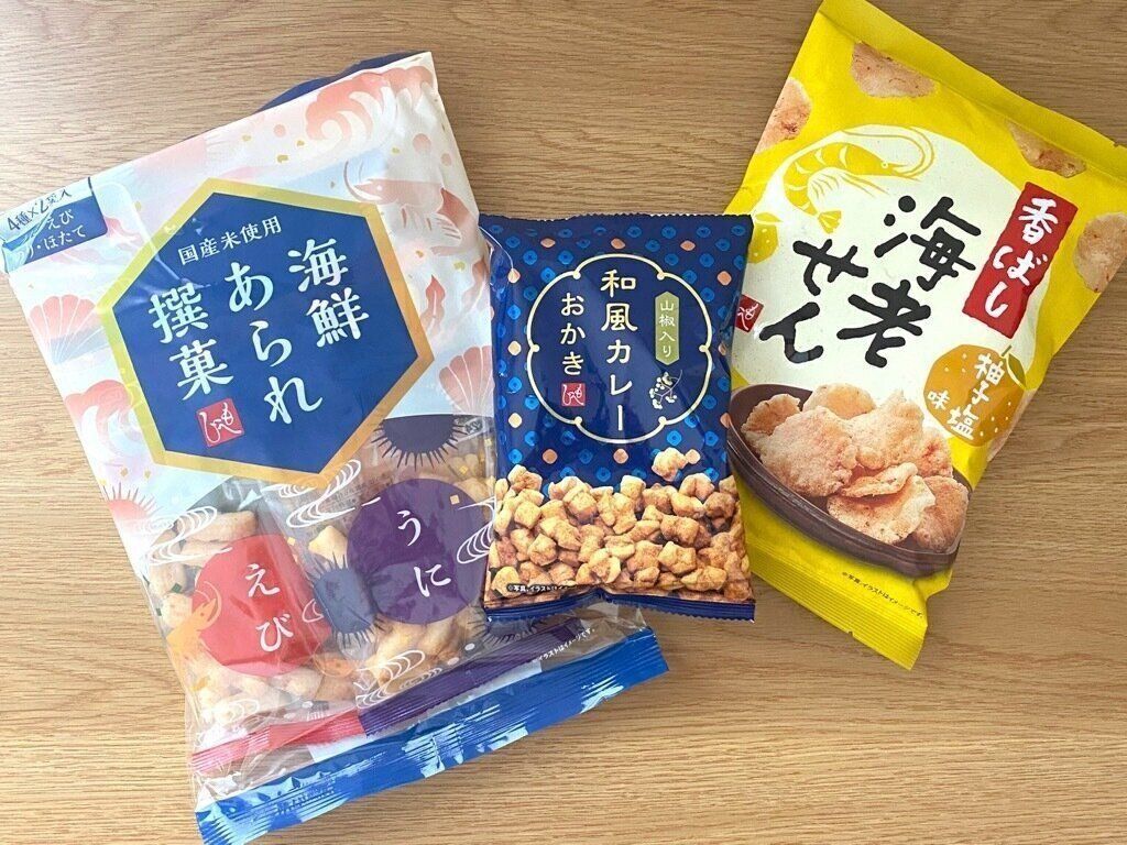 香ばし海老せん柚子塩味・海鮮あられ撰菓・和風カレーおかき