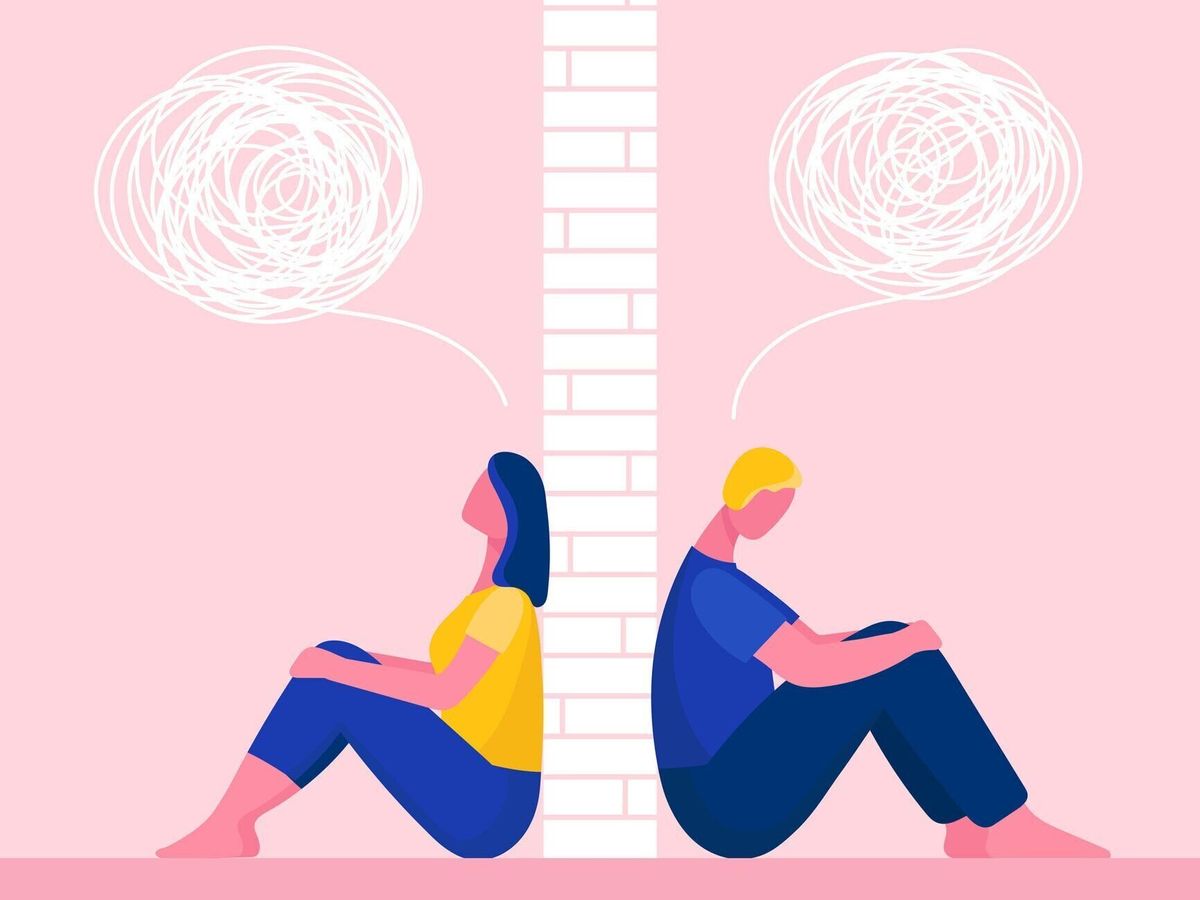 喧嘩をしている男と女。二人は背中合いに座っている。関係の問題、競合。夫婦が対立している。彼らの間の壁。フラット ベクトルの図