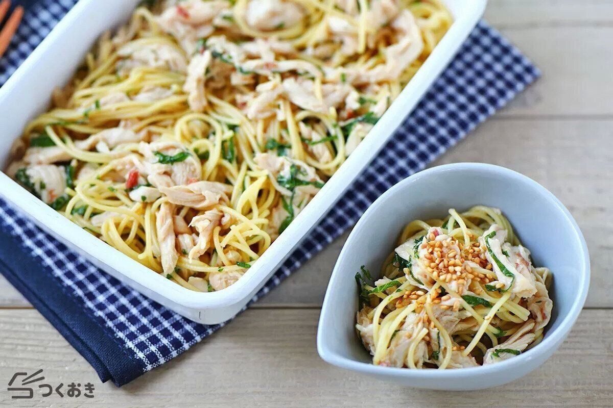 蒸しささみと梅しその冷製パスタ