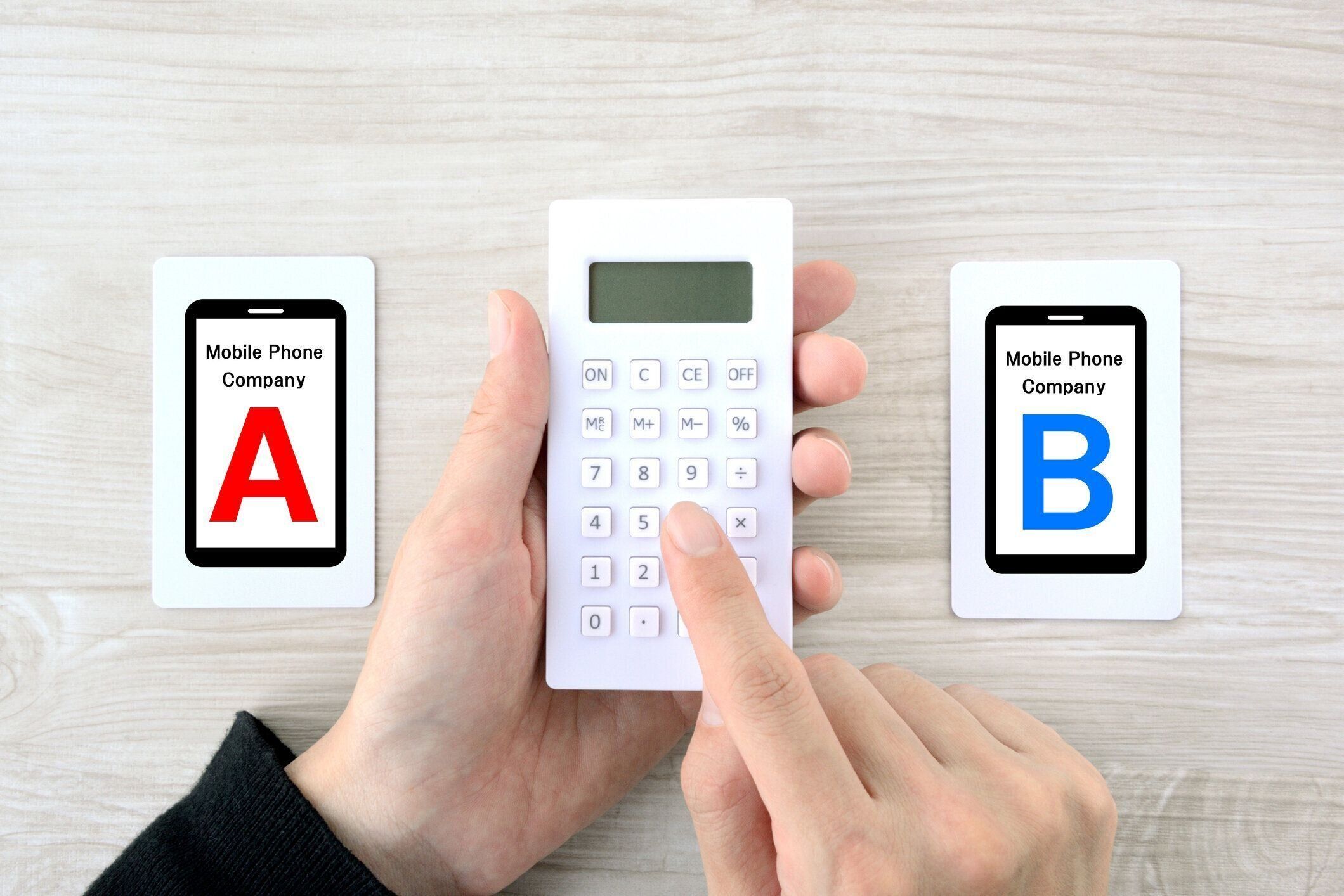 どのモバイル会社が優れているかを決定するために電卓を使用して人間の手