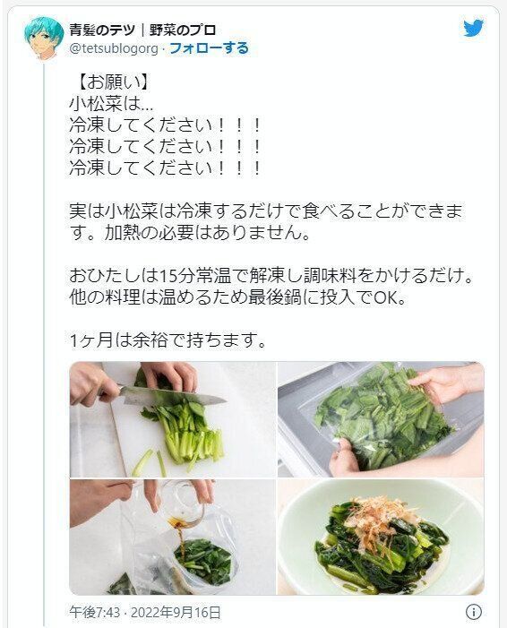 小松菜は 冷凍してください 八百屋歴10年の野菜のプロが叫びツイート 驚きのテクを実際に試してみた サンキュ