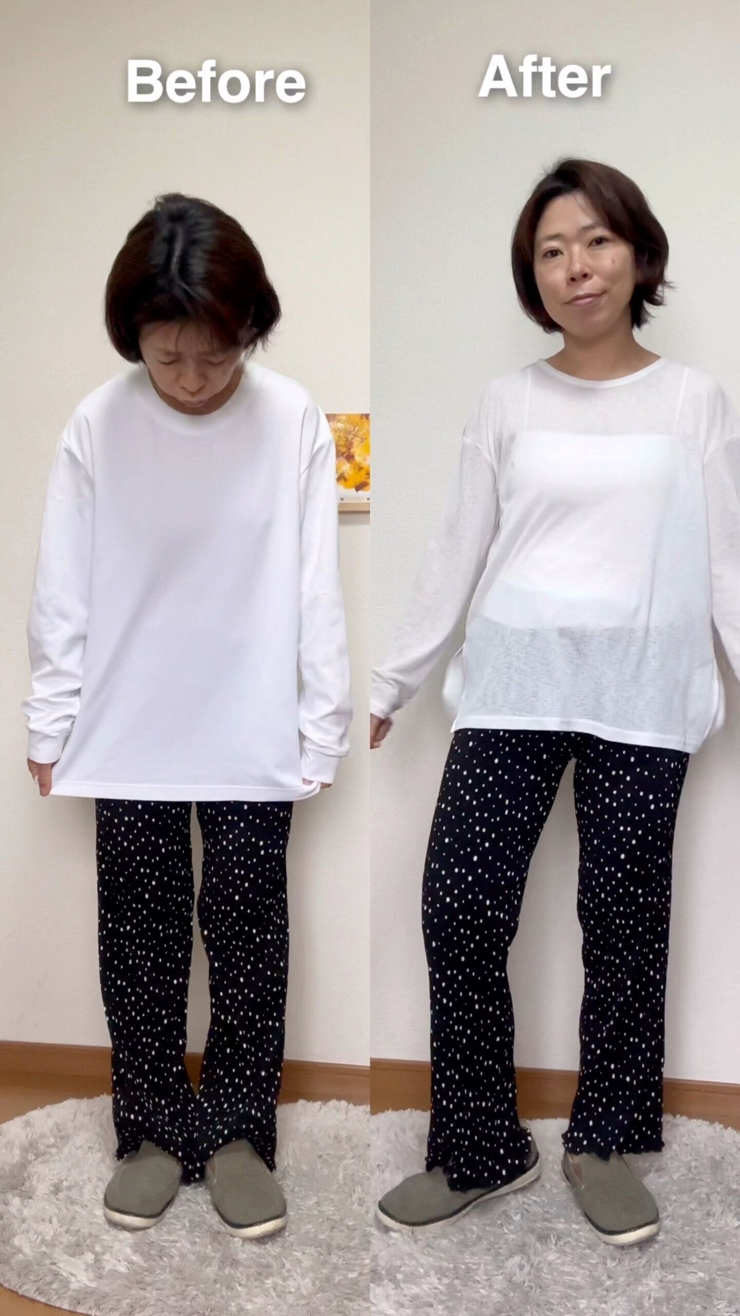 白いTシャツにドットのパンツのコーディネート