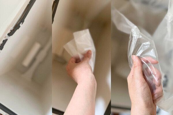 ロール式のゴミ袋を取り付ける様子