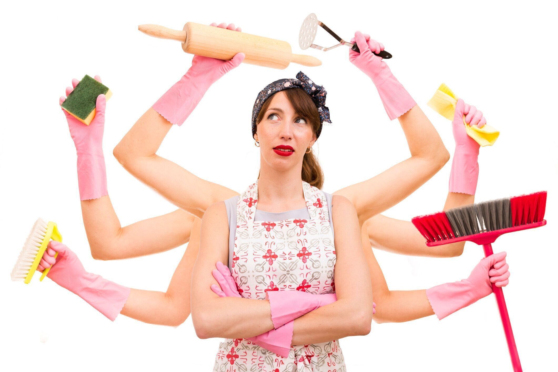 白い背景の上の非常に忙しいマルチタスク主婦。スーパーとスーパーウーマンの概念