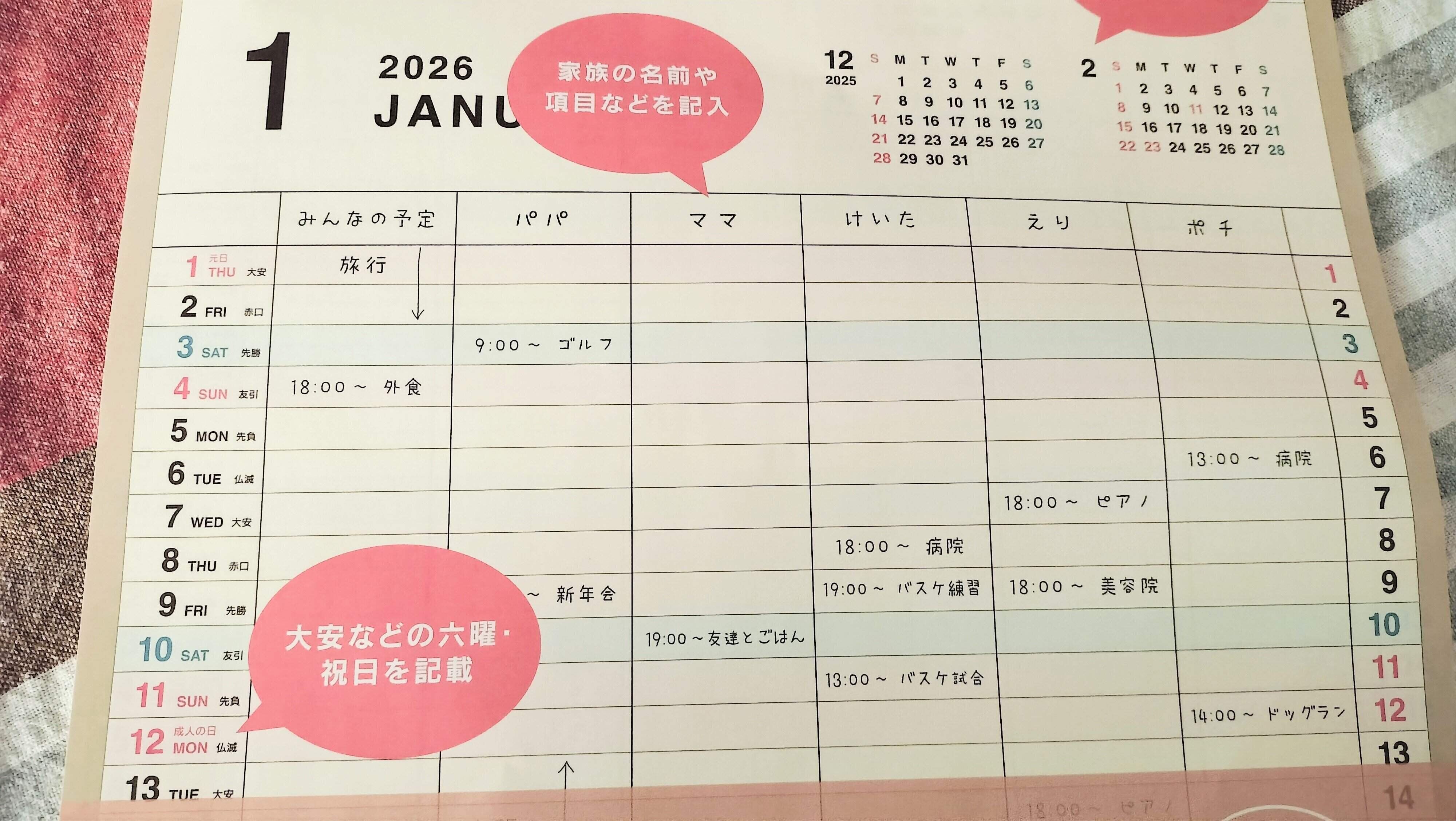 曜日の色分けがされている