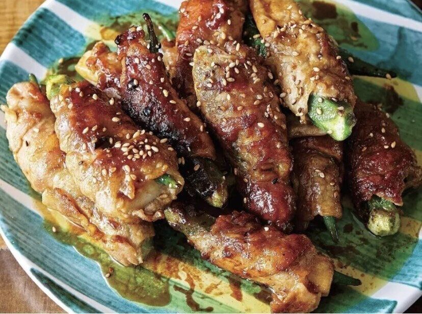 エリンギとオクラの豚巻きカレーしょうゆ味