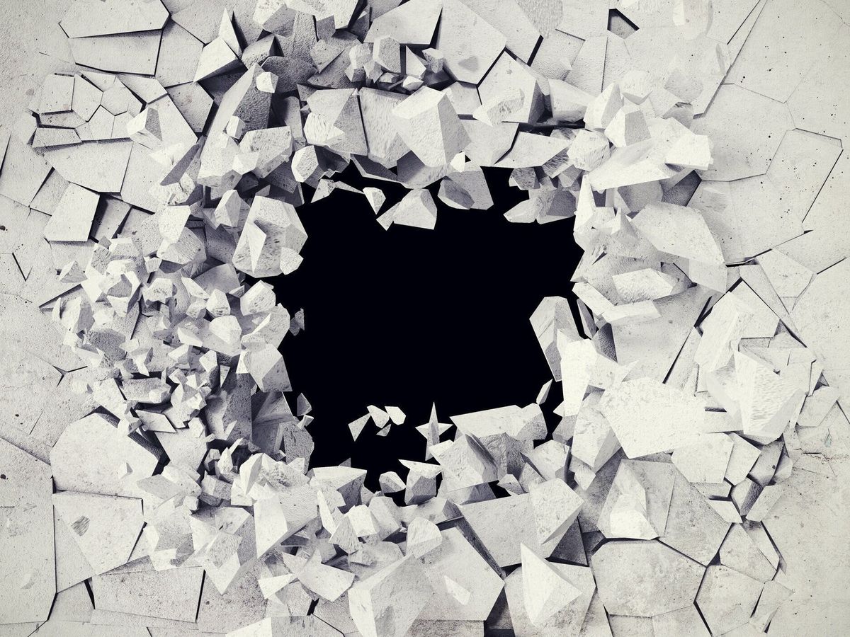 レンダリング、爆発、壊れたコンクリートの壁、弾丸の穴、破壊、抽象的な背景。