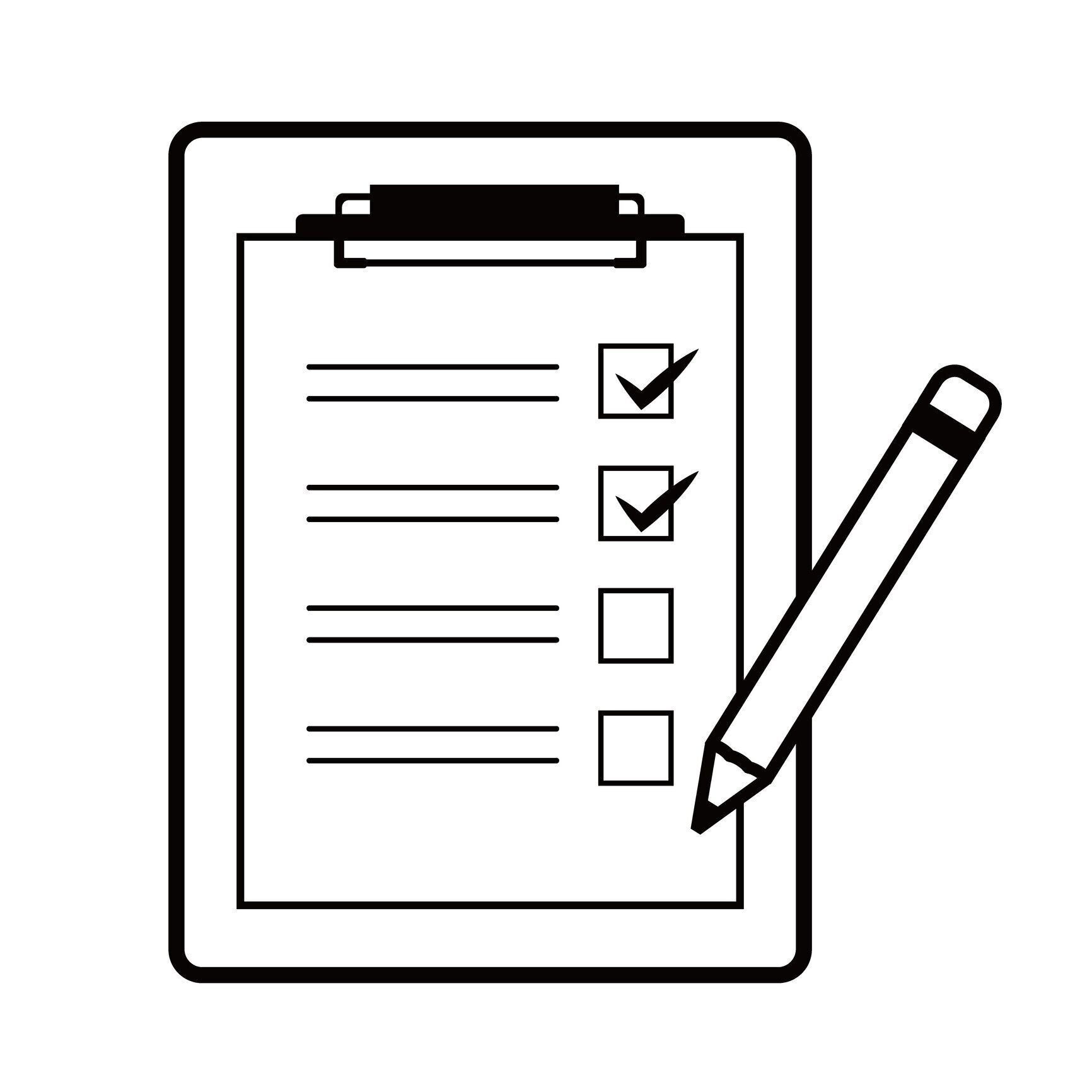 シンプルなクリップボードと鉛筆。チェックリスト。黒と白の線画