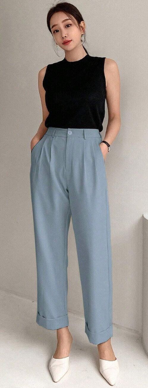 DAZY ハイウエスト ひだ ディティール ロールヘム パンツ