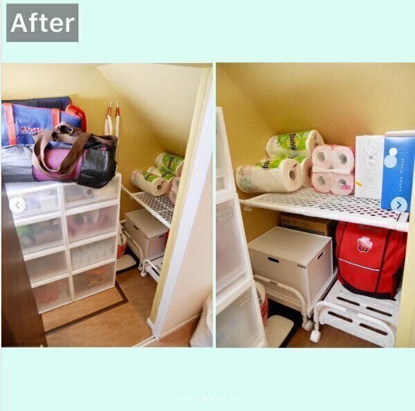 階段下の高低差に合わせた収納グッズを使って使い勝手をアップ