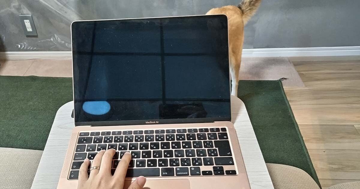 ひざ上クッション付タブレットテーブルでPC作業中