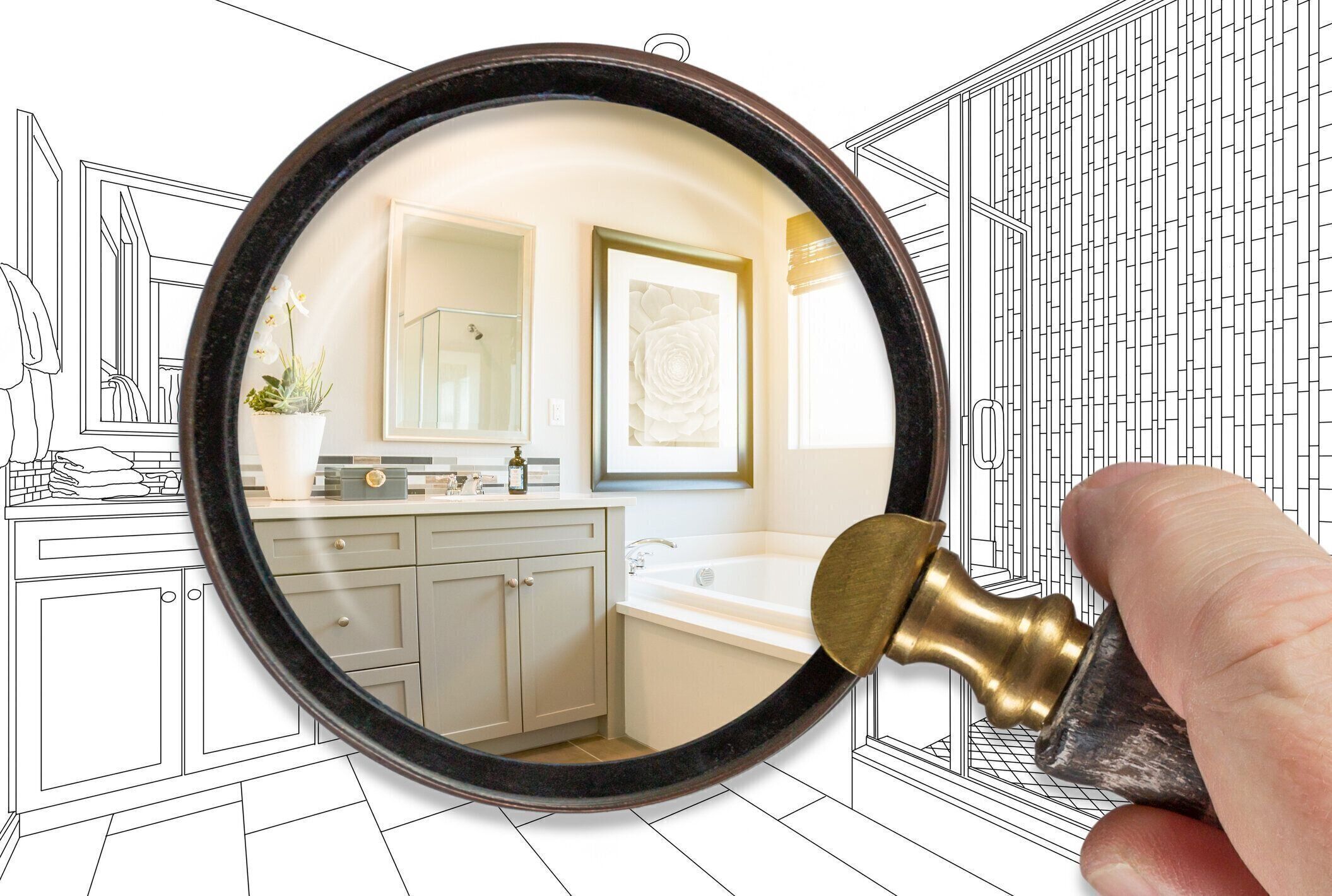 手持ち虫眼鏡は、完成したバスルームのビルドを明らかに描画の上に構築