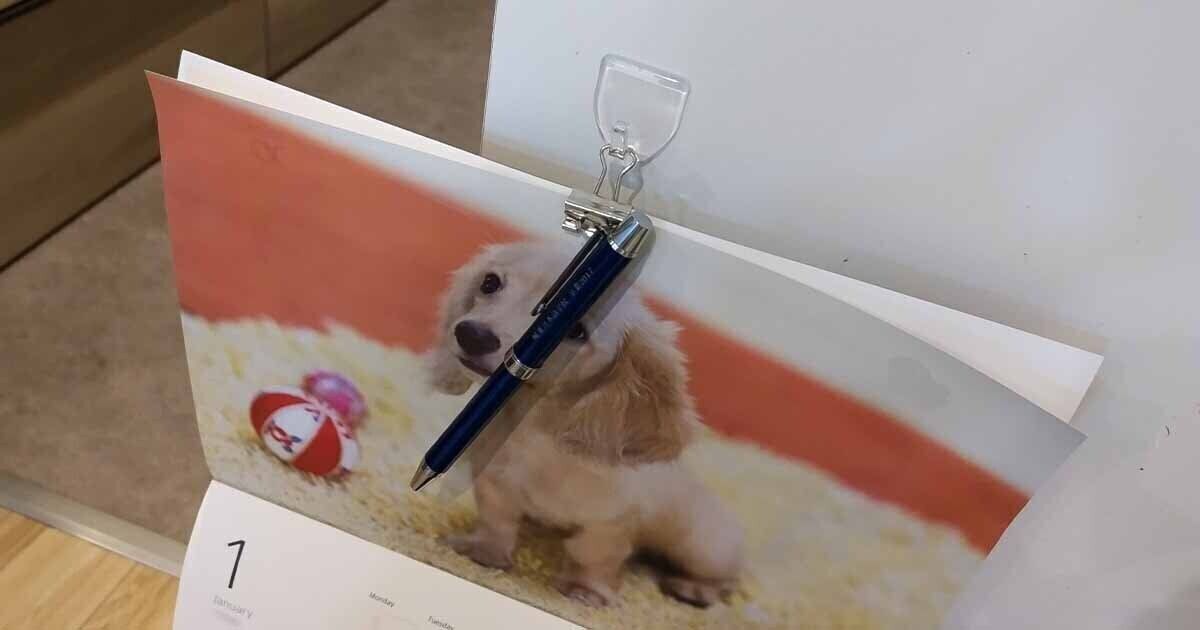 ダブルクリップに挟まれたカレンダーとペン