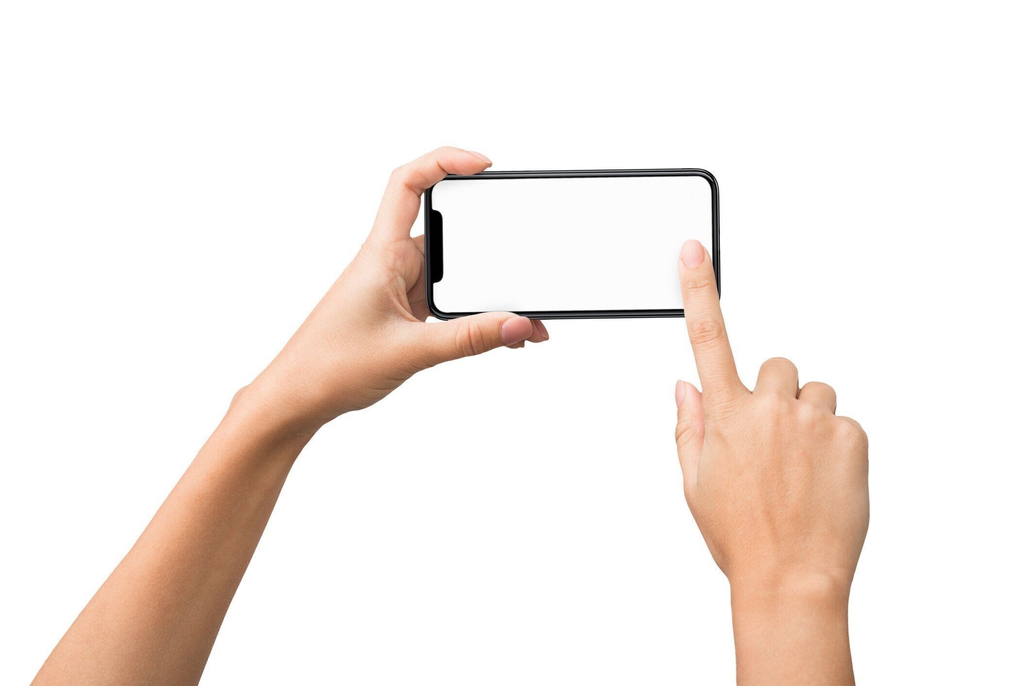 空白の画面を持つスマート フォンで写真を撮る女性の手