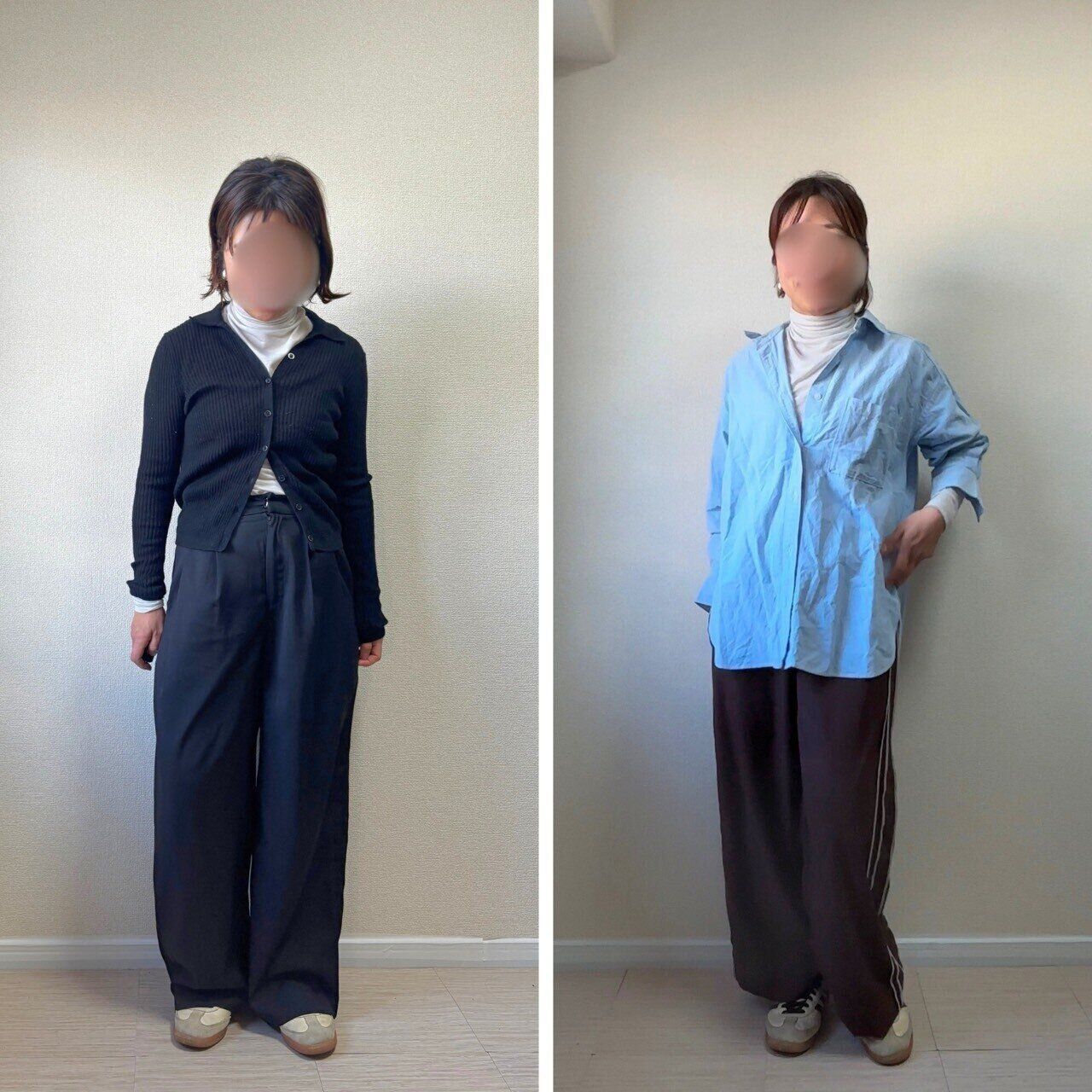 コンパクトなカーディガンとシャツに合わせたコーデ