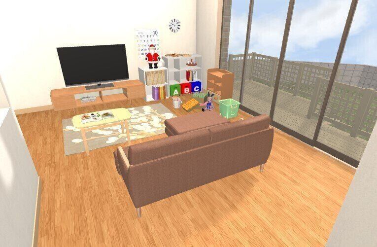 おもちゃ箱がみえるリビング