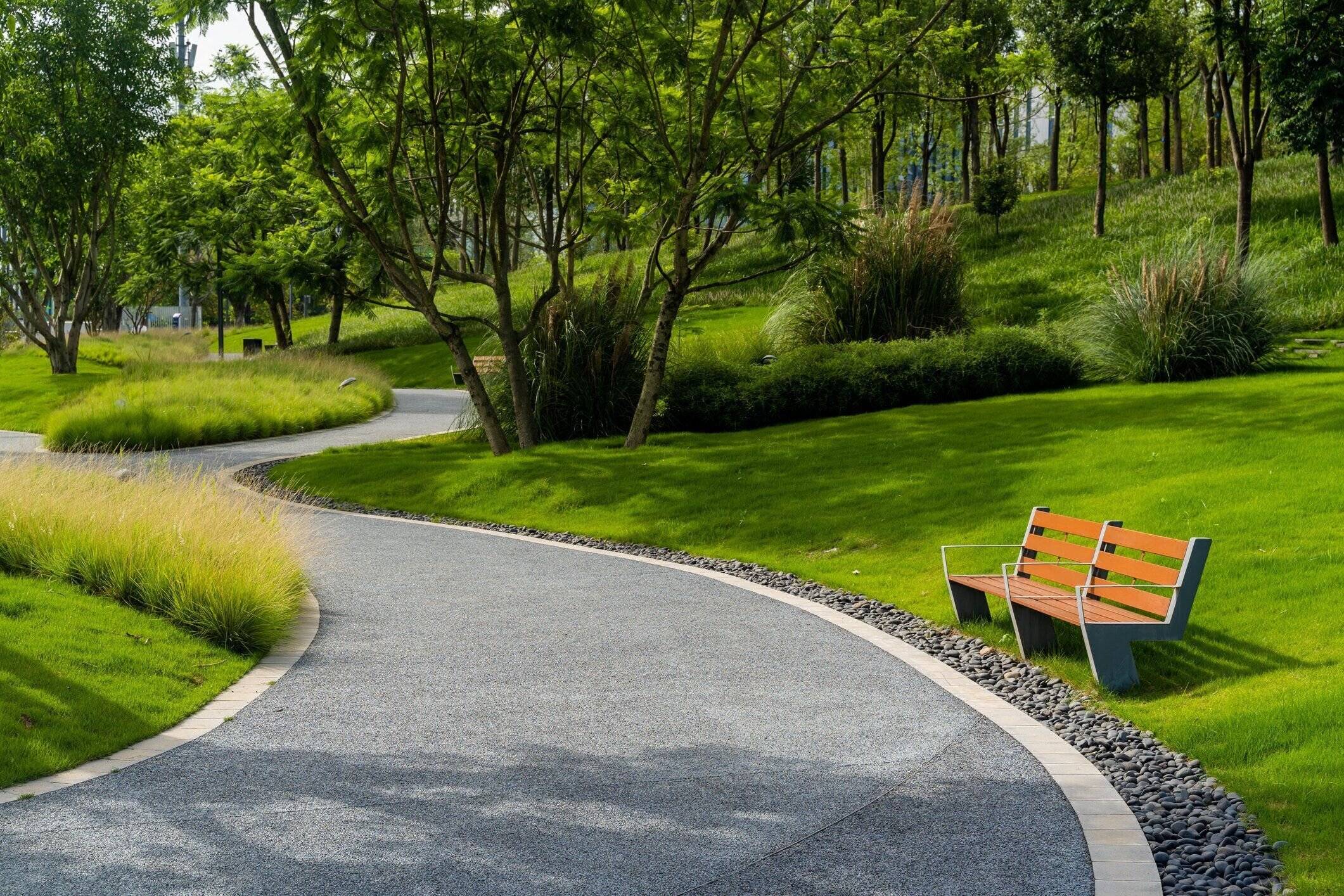 ガラスの牧草地と歩道のある静かな都市公園。