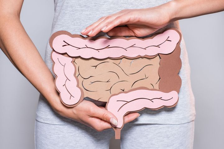 紙を保持している女性の部分的なビューは、灰色の背景の大腸