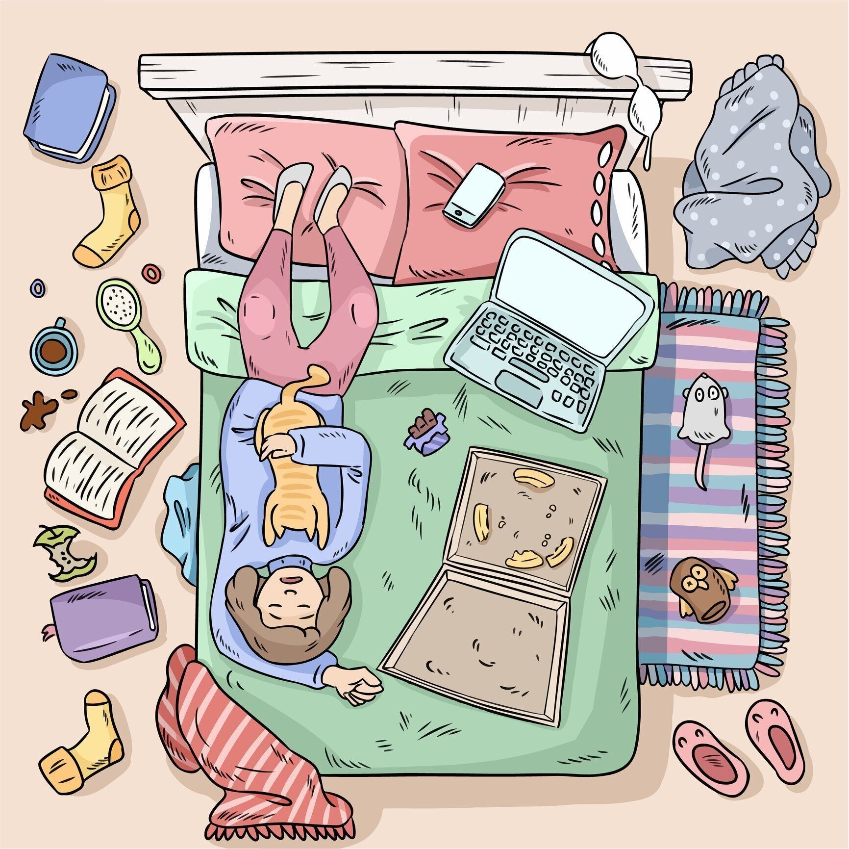 女の子はベッドの上先延ばし。自宅の大きな混乱。コミック スタイルのイメージ。平面図です。