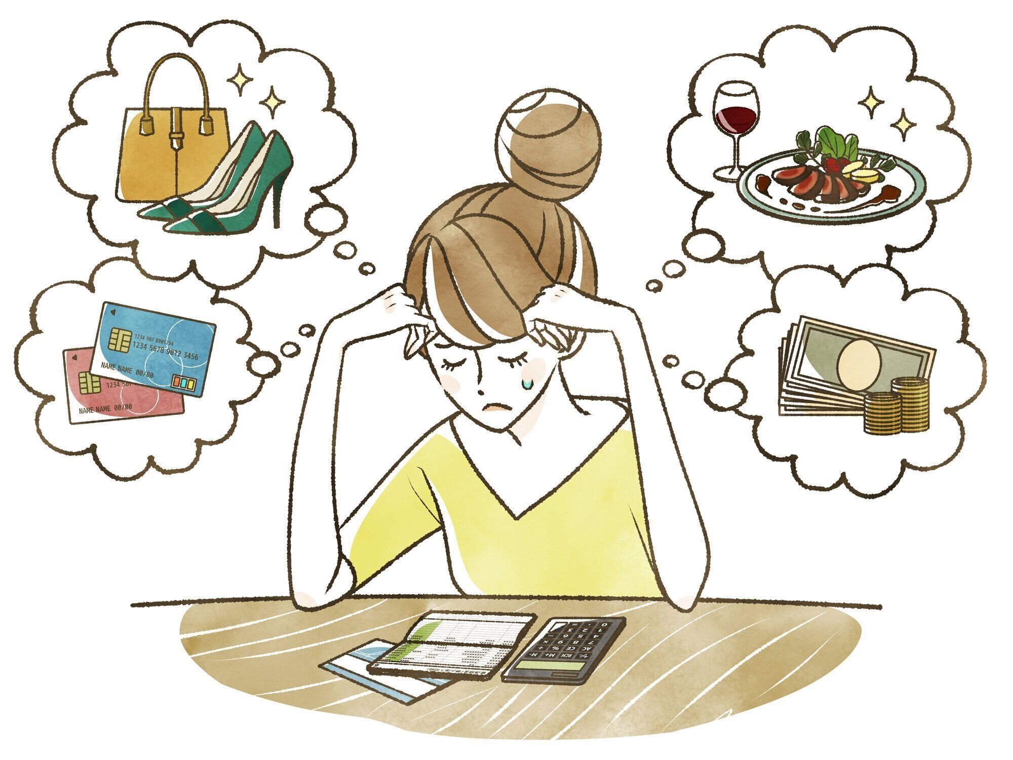 通帳を見て心配している女性