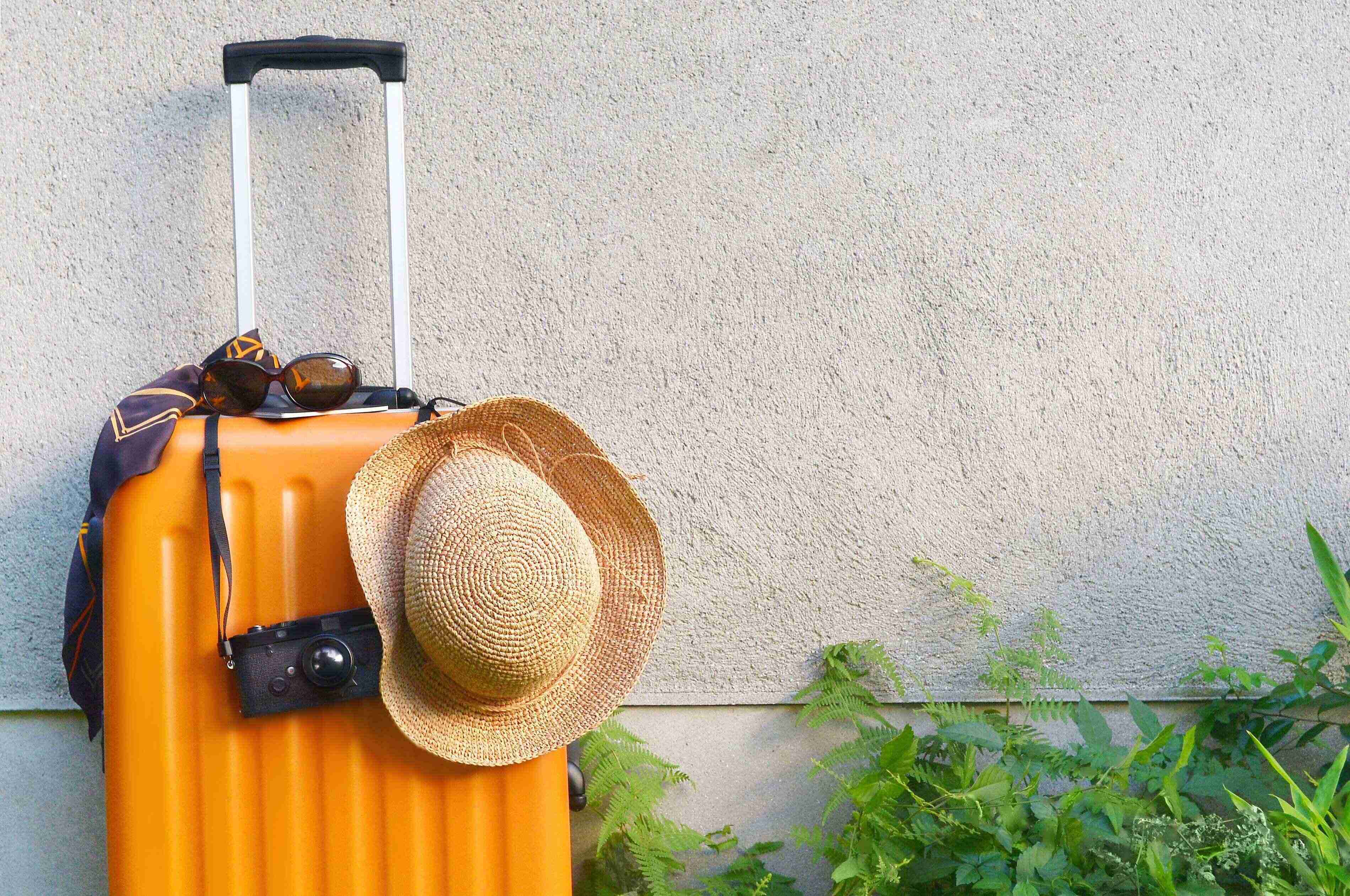 スーツケース、壁の前の麦わら帽子&カメラ