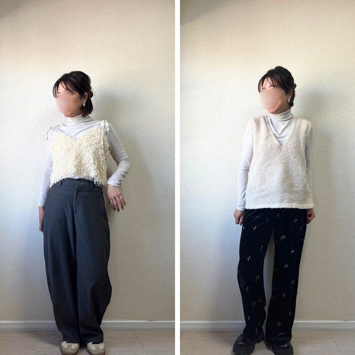 キャミソール、ベストに重ねたコーデ