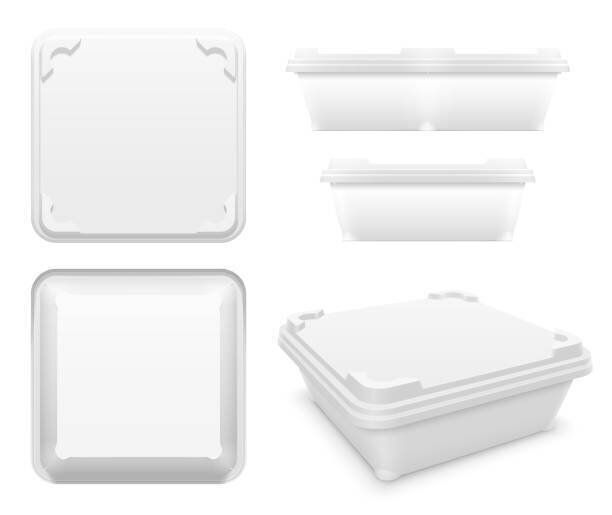 動きのないロックシステムを備えたベクトル正方形のプラスチック容器。さまざまなビューのセット。パッケージングモックアップイラスト。