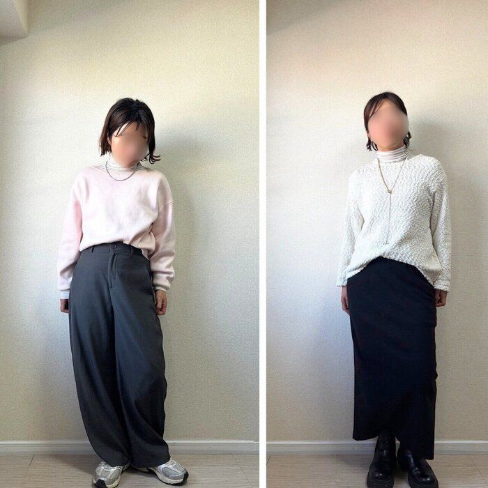 ピンクのニットと白のニットに合わせたコーデ