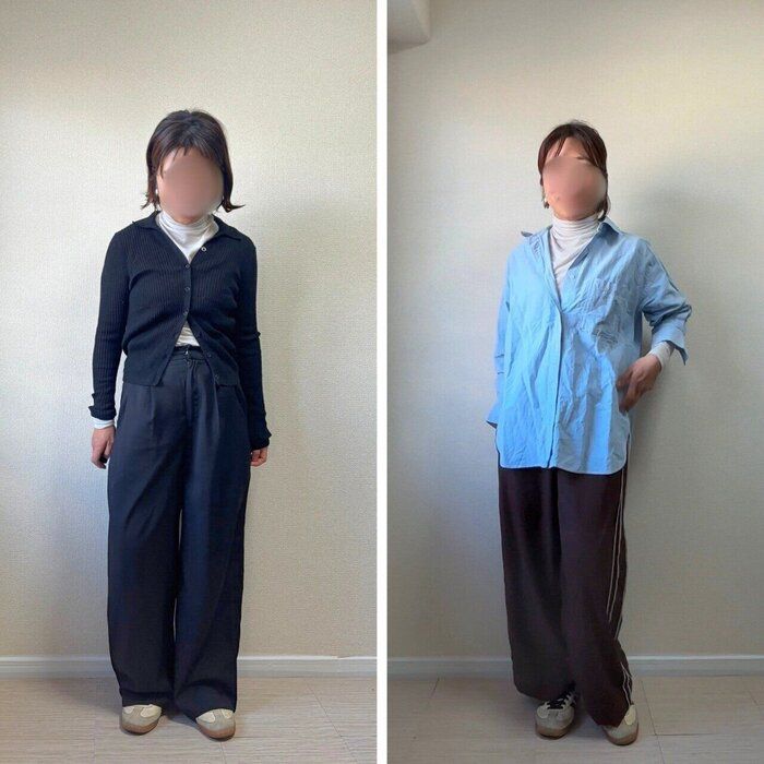 コンパクトなカーディガンとシャツに合わせたコーデ