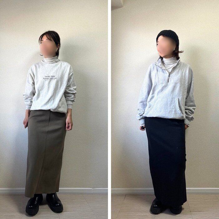 クルーネックのスウェットとハーフジップのスウェットに合わせたコーデ